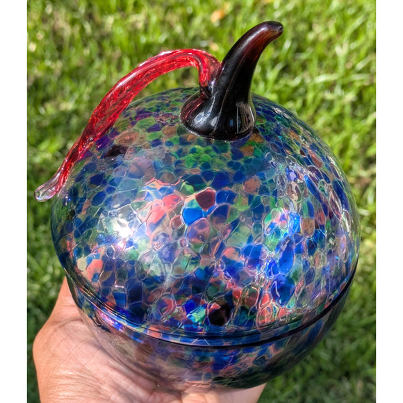 VTG Design Guild Czech Art Glass Candy Dish Apple Shape Iridescent Lid Bowl Rare - Picture 3 of 11